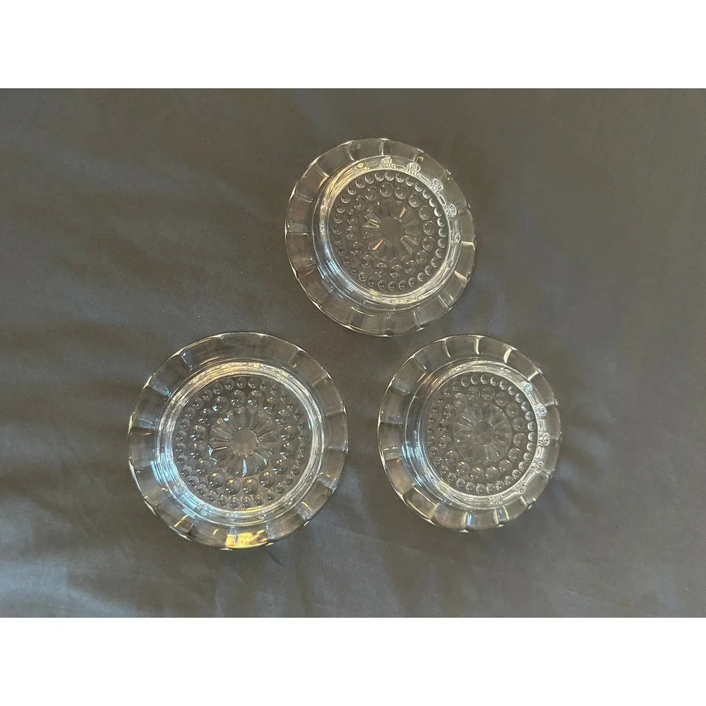 Vintage Clear Pressed Glass Coasters Set of 3 Sunburst Hobnail Scalloped Rim 4.5